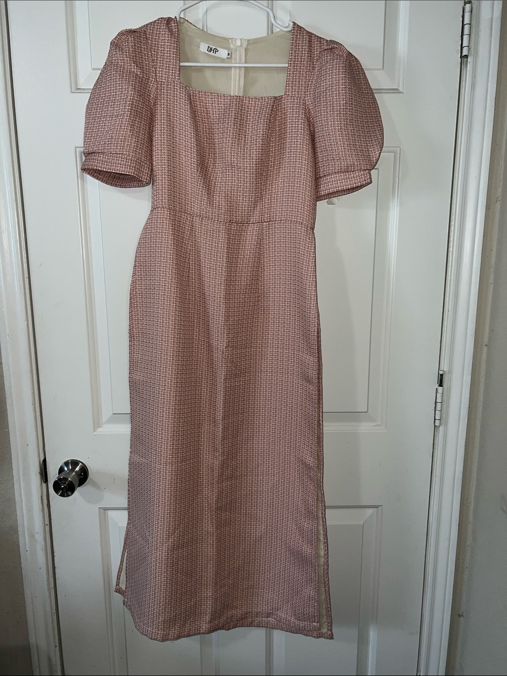 Pink Square-Neck Midi Dress with Puff Sleeves